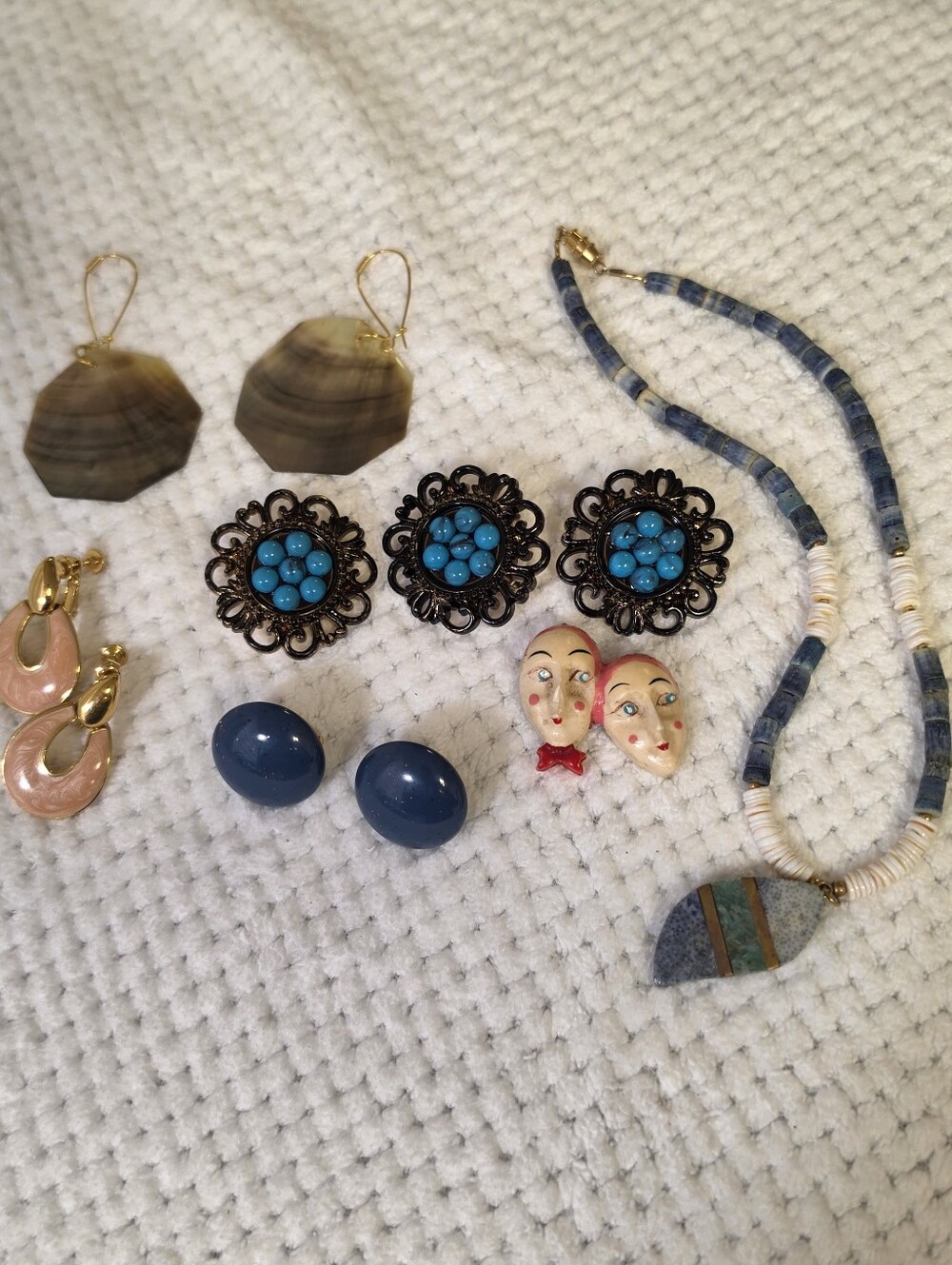 Vintage Boho Jewelry Lot Natural Stone Inlay Necklace Turquoise Pin Earring Set